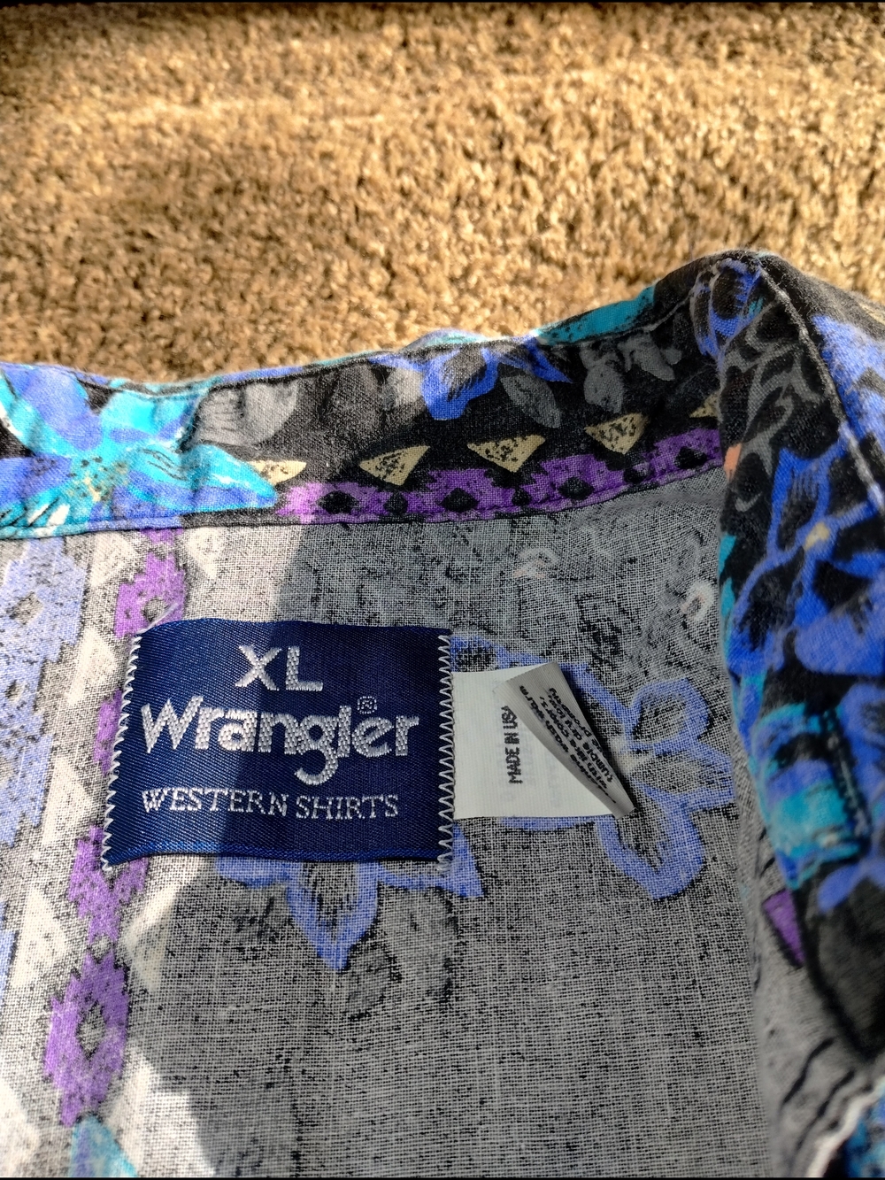 Vintage Brush Popper Wrangler USA Shirt Blue, Purple & Black Floral Aztec Sz XL